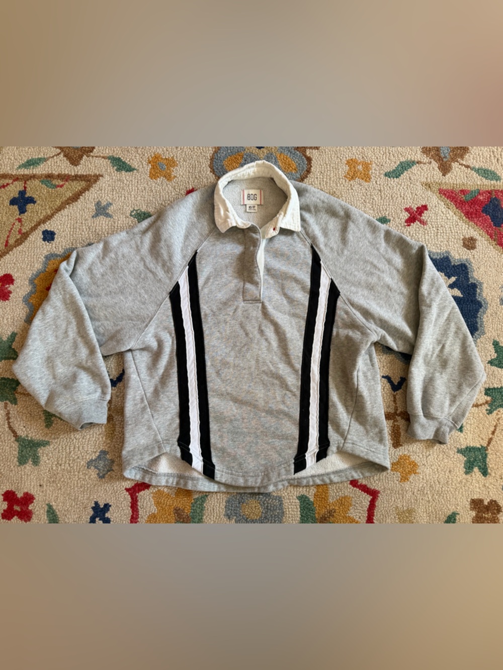 BDG Women’s Gray Quarter Button Sweater with Collar and Black Stripe Panels